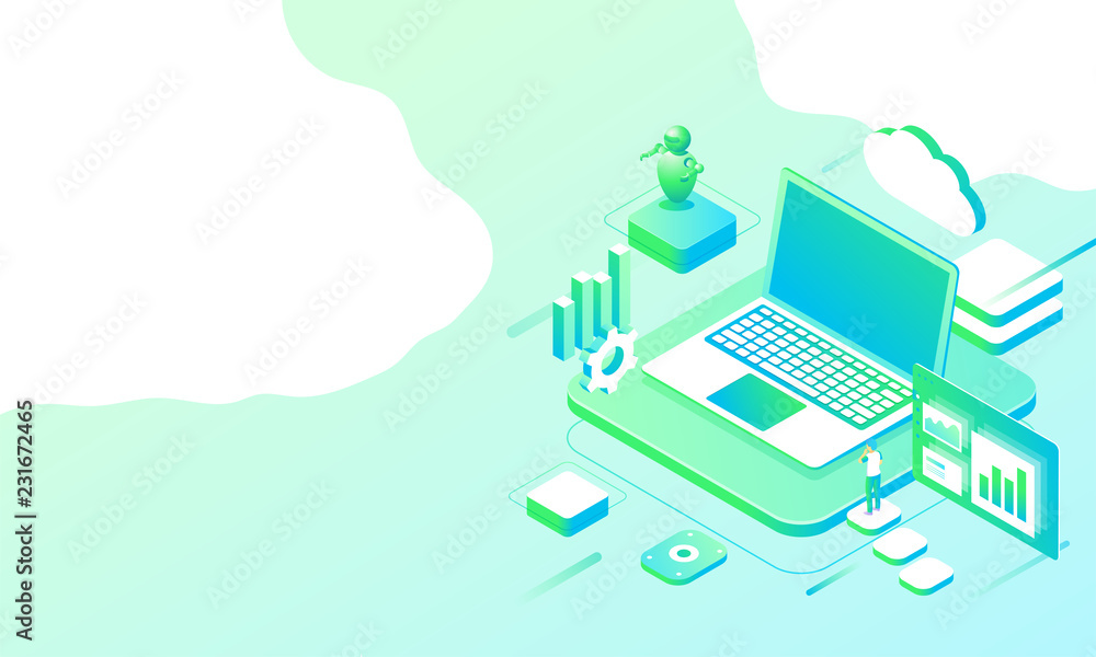 3D illustration of laptop with business equipments and application on green abstract background for data management concept .