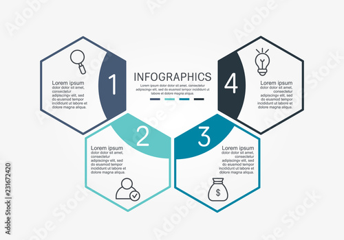Flat line vector illustration. Infographic template with four elements, hexagons. Designed for business, presentations, web design, diagrams, educational, training with 4 steps
