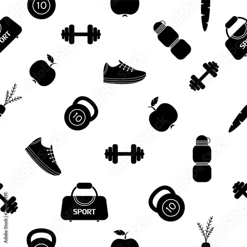 Sport equipment seamless pattern. Fitness theme. Vector illustration, background, wallpaper.