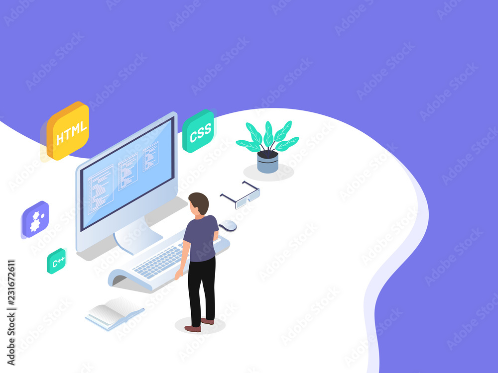 Workplace of a web developer, isometric illustration of desktop with multiple coding languages signs on abstract background. Workplace of a web developer, isometric illustration of desktop with multiple coding languages signs on abstract background.