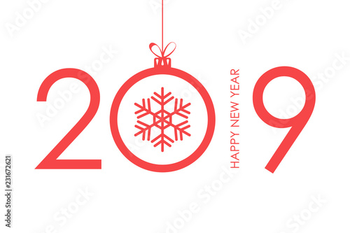 2019 Happy New Year text design with christmas ball and snowflake. Vector illustration.
