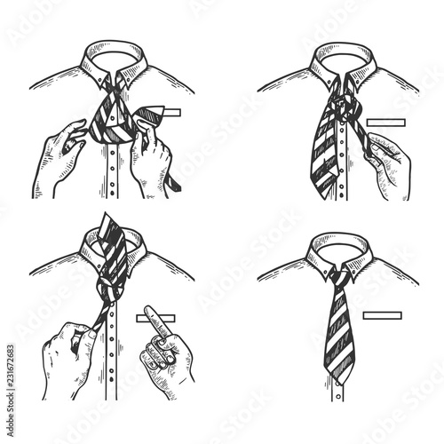Necktie instructions engraving vector illustration. Scratch board style imitation. Black and white hand drawn image.