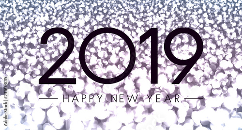 Silver shiny Happy New Year 2019 poster with bokeh background.