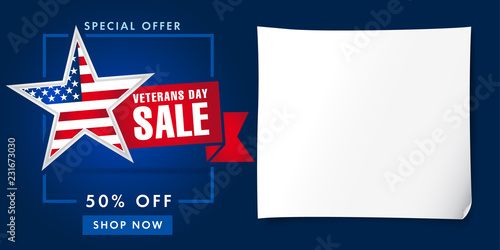 Veterans day USA, sale poster. Special offer star shape for veterans day, 50% off, shop now background. Discount vector banner