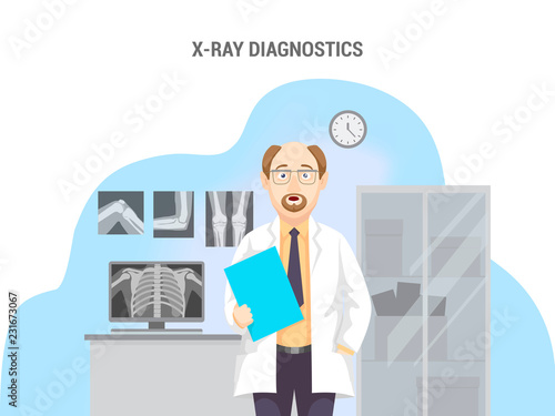 X-rays, computer and cabinet. Caucasian male doctor