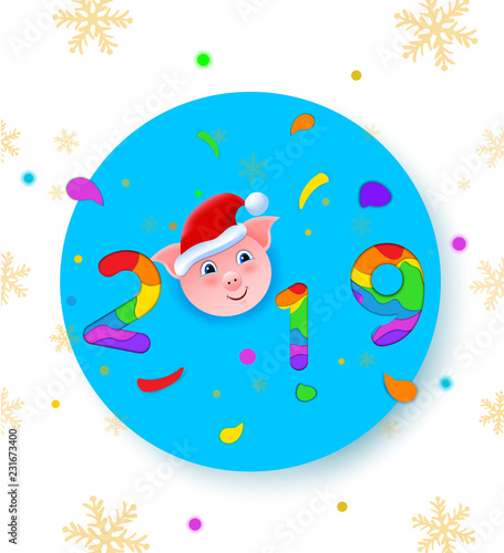 2019 Happy New Year paper craft holiday blue background. Vector winter holiday party invitation with paper cut numbers 2019, cartoon pig, snowflakes. Design for seasonal flyers, banners, posters. Xmas