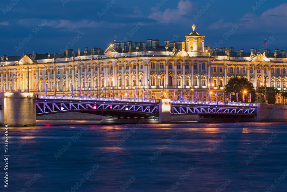 Palace Bridge in the night illumination on a May night. Saint Petersburg, Russia