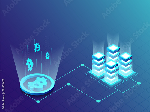 Glowing mining or bitcoin server connected with data servers on blue background for Crypto Mining concept.