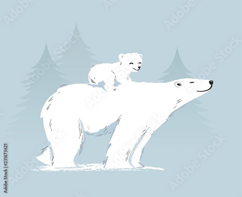 Polar bear mother and cub on her back. Vector illustration