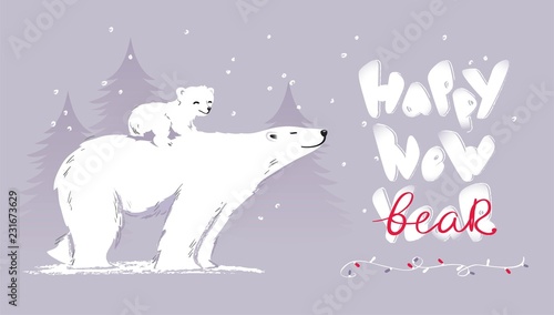 Happy new bear funny cartoon vector illustration with bear mom and cub.