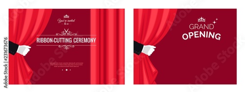 Set of grand opening posters with white gloves and red curtains. Vector illustration