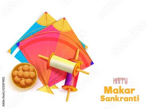 White poster or greeting card design, top view of kites, spool and Indian dessert for Happy Makar Sankranti celebration concept.