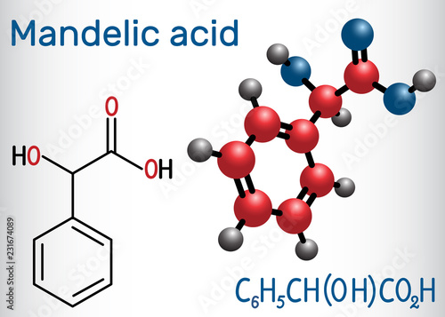 Mandelic acid molecule. Structural chemical formula and molecule model