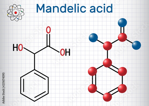 Mandelic acid molecule. Structural chemical formula and molecule model. Sheet of paper in a cage