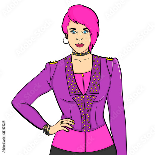 isolated object on white background. Young girl Punk subculture, rockers. Imitation comic stich. Vector