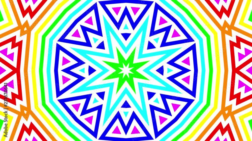 A geometric repeating mandala animation, a moving soothing pattern of shapes converging into a center. Theme: rainbow stripes.
A geometric repeating mandala animation, a moving soothing pattern of shapes converging into a center. Theme: rainbow stripes.