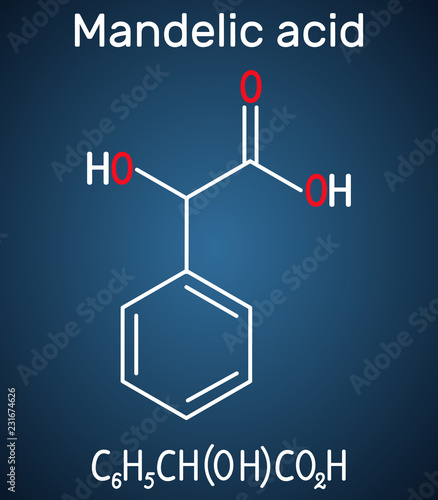 Mandelic acid molecule. Structural chemical formula and molecule model on the dark blue background photo