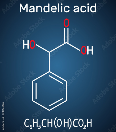 Mandelic acid molecule. Structural chemical formula and molecule model on the dark blue background