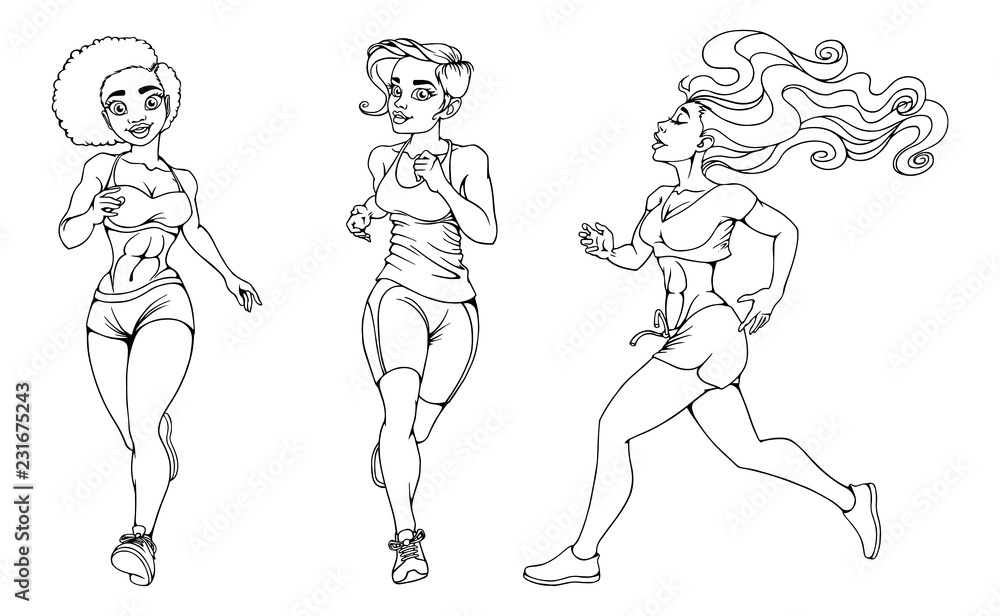 Set of sport beautiful girls running on a white background Set of sport beautiful girls running on a white background