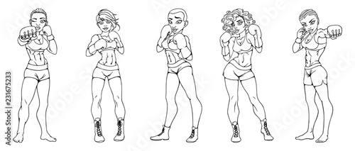 Set of beautiful sexy sport girls in boxing gloves