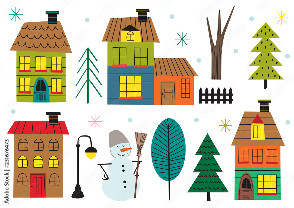 set of isolated houses and tree in winter time - vector illustration, eps