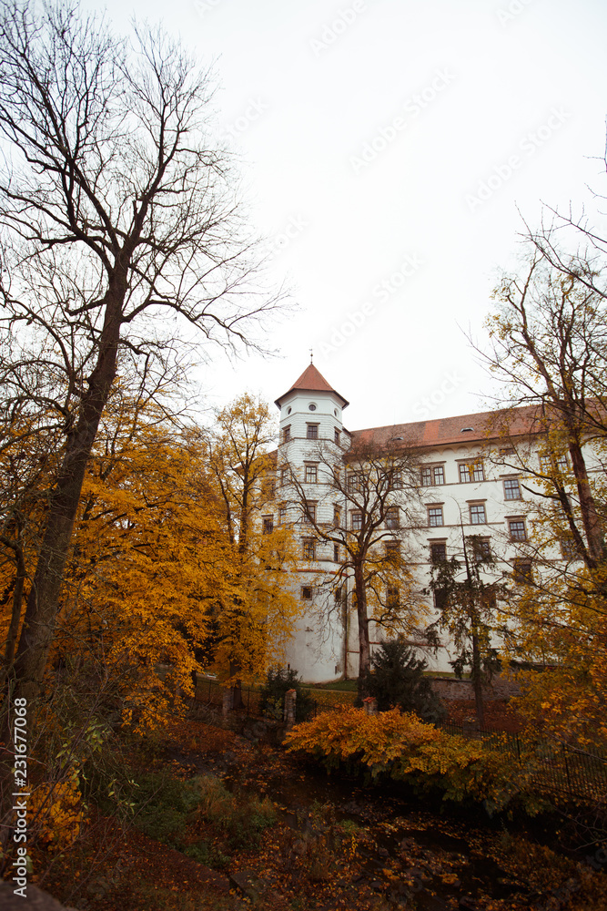 Castle tower with autumn red leaves 03