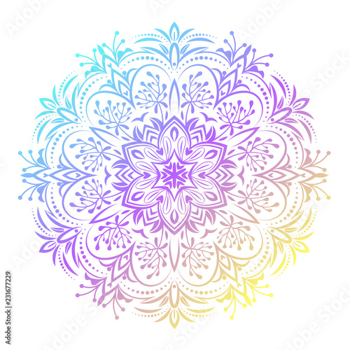 Hand drawn abstract mandala design. Vector holographic round pattern. Arabesque design element.