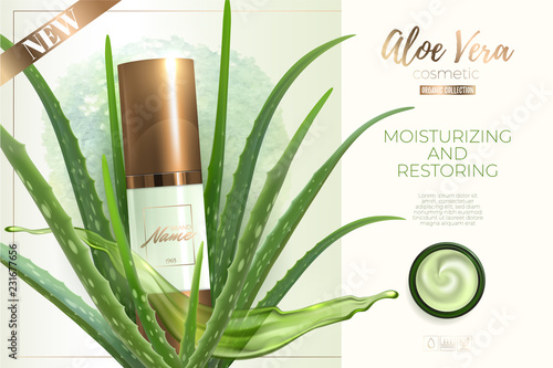 Design advertising poster for cosmetic product for catalog, magazine. Design of cosmetic package.Moisturizing cream, gel, body lotion with aloe vera extract . Vector illustration with isolated objects