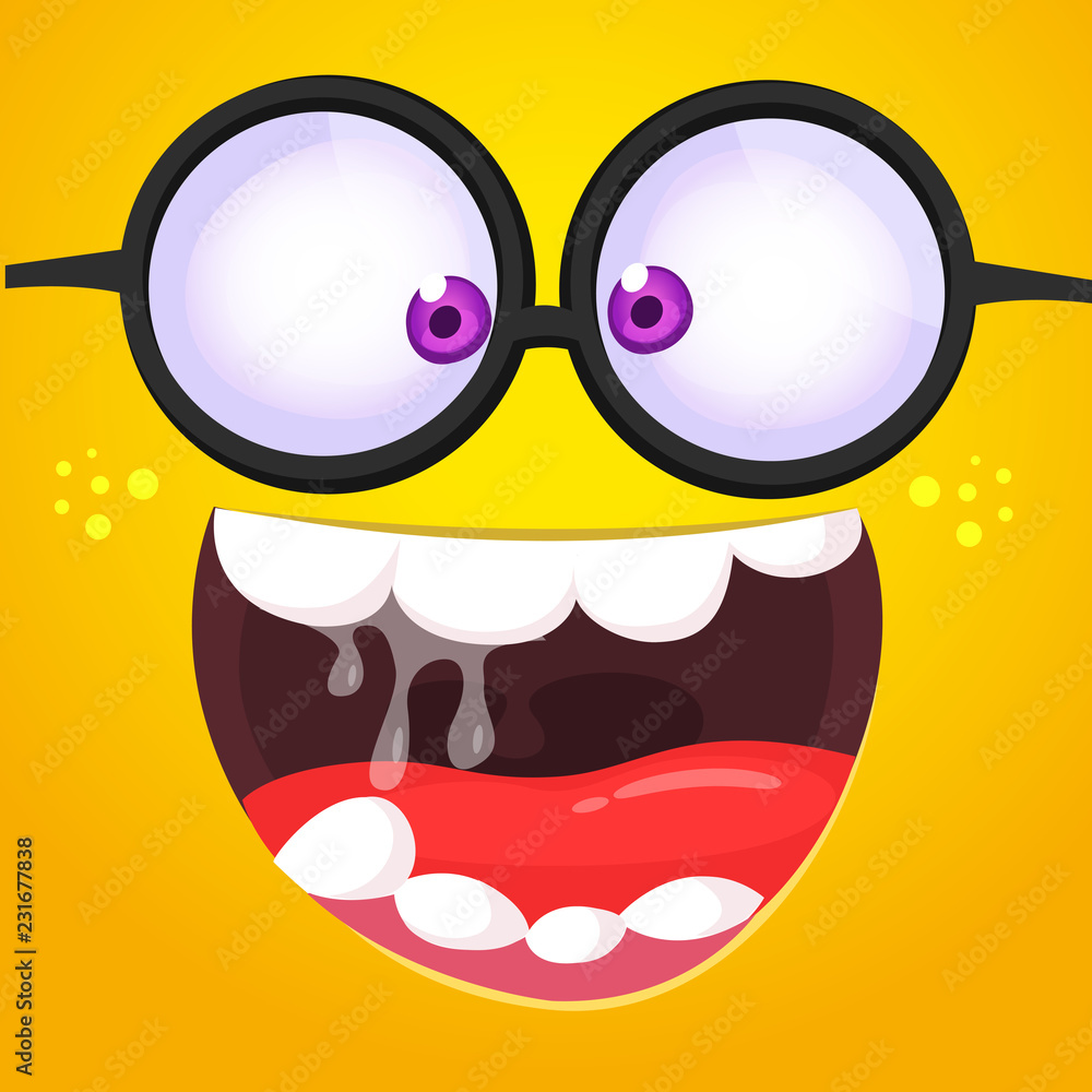 Funny cartoon monster face with eyeglasses. Vector Halloween monster square avatar Funny cartoon monster face with eyeglasses. Vector Halloween monster square avatar