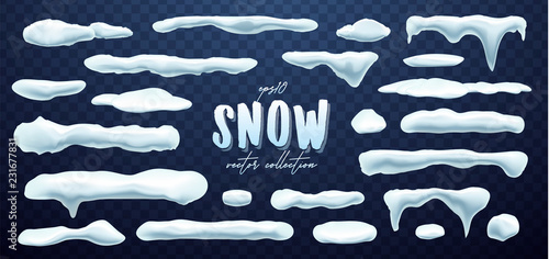 Vector collection of snow caps, pile, icicles, isolated on background, transparent, ice, snowball and snowdrift. 3d Winter decorations, Christmas, snow texture, white elements, holiday design.