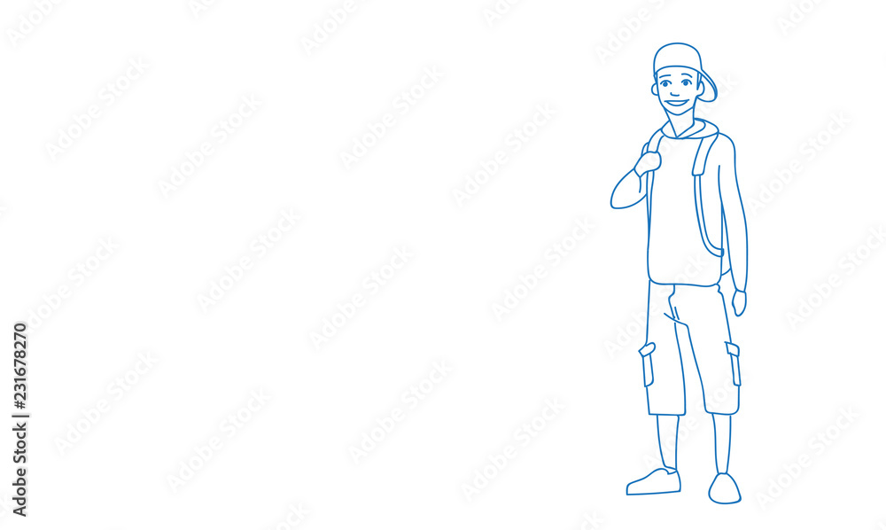 young boy in hat with backpack travel summer vacation concept sketch doodle horizontal vector illustration young boy in hat with backpack travel summer vacation concept sketch doodle horizontal vector illustration