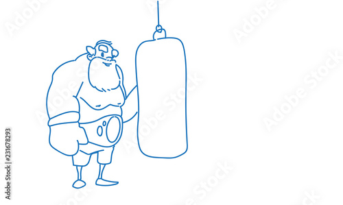 Senior man near punching bag boxer sport box gym exercise workout sketch doodle horizontal vector illustration