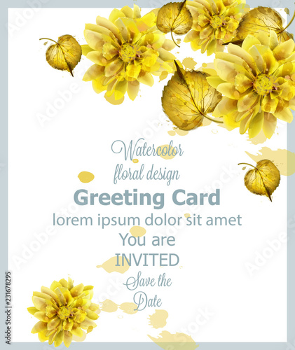 Autumn golden leaves card watercolor Vector. Vintage greeting cards, invitati...