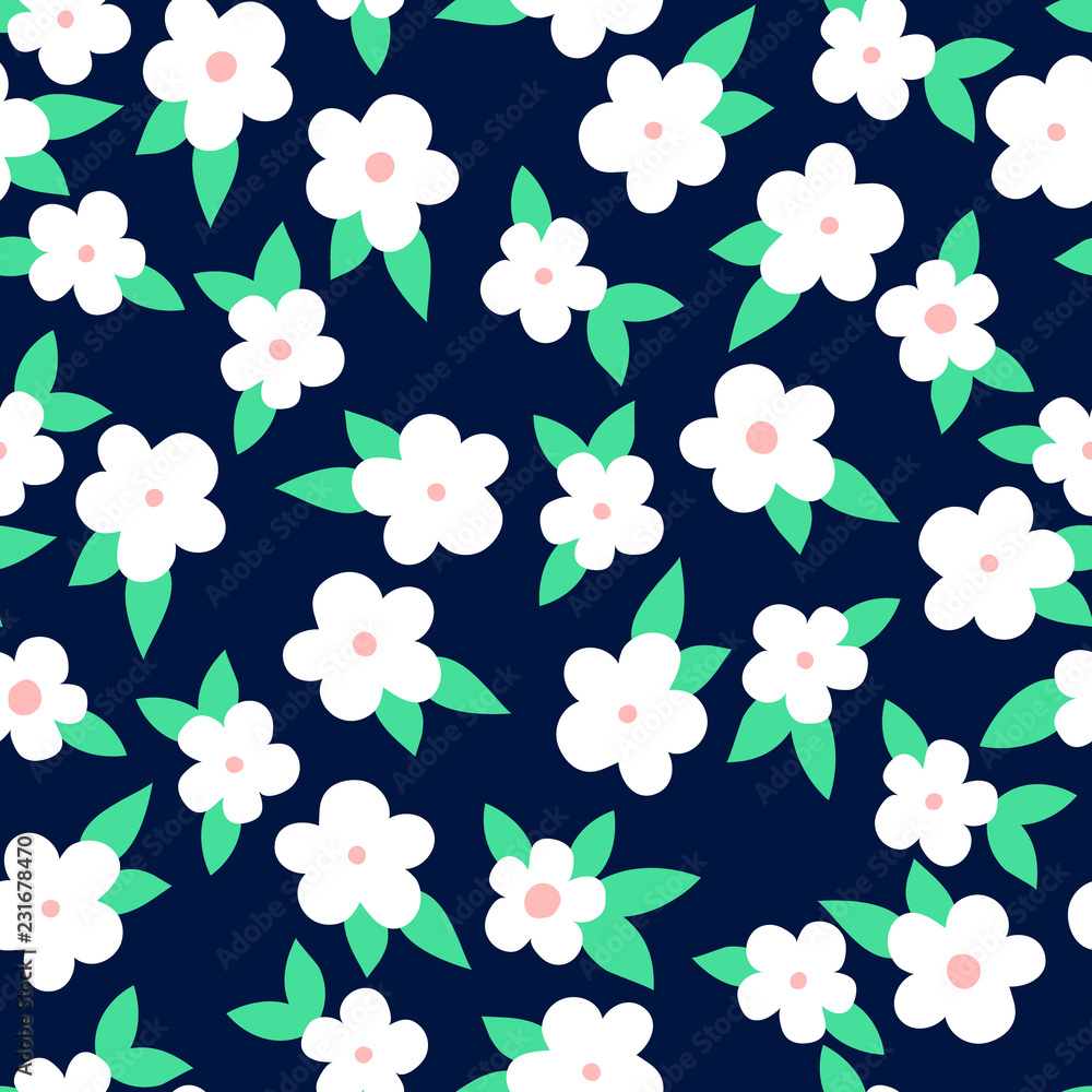 Simple white flowers with leaves on dark blue, seamless pattern, vector Simple white flowers with leaves on dark blue, seamless pattern, vector