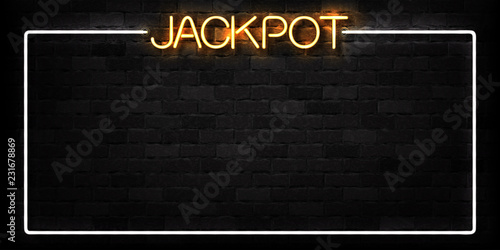 Vector realistic isolated neon sign of Jackpot frame logo for decoration and covering on the wall background. Concept of slot machine and casino.