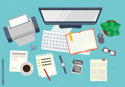 Office. Realistic workplace organization. The view from the top. Vector stock illustration.