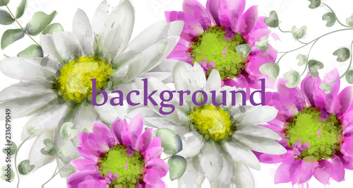 Spring daisy flowers background watercolor Vector. Beautiful vintage pastel c...