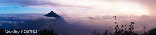Beautiful and colorful night landscape at the top of volcano acatenango with view on volcano Agua. Panorama photo.