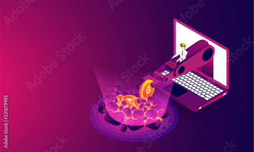 Crypto mining concept based isometric design, man working with robotic arm in laptop screen on glossy background.