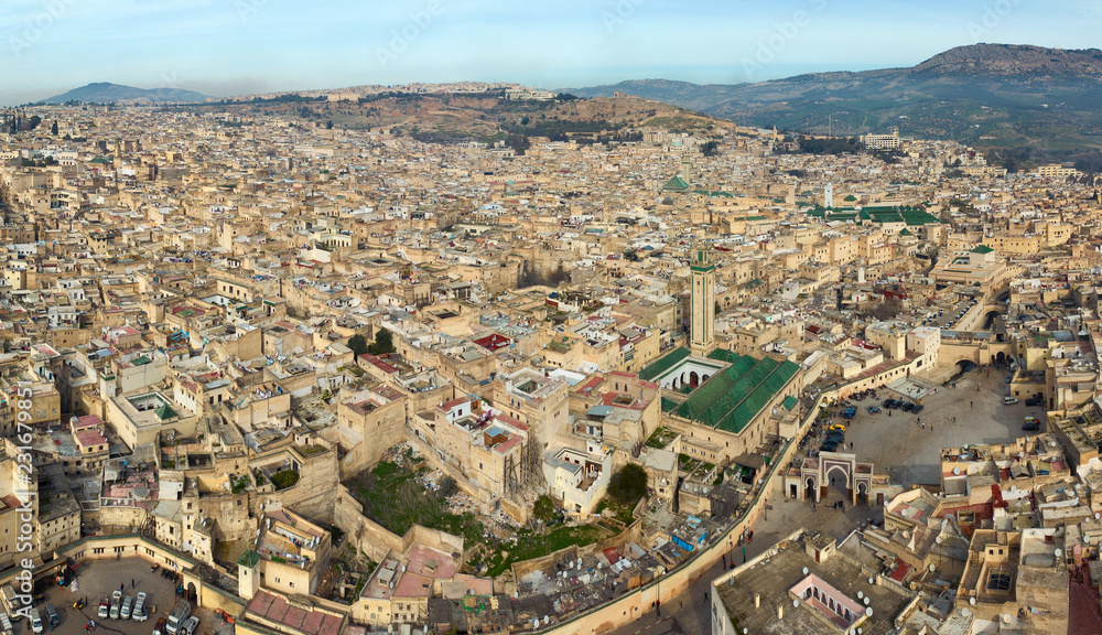Aerial view of Medina in Fes and Medersa