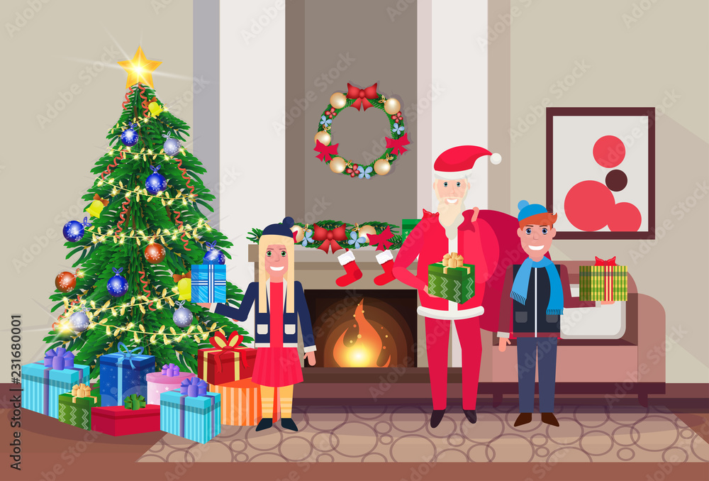 merry christmas happy new year snata claus with children in living room pine tree fireplace home interior decoration winter holiday concept flat horizontal vector illustration merry christmas happy new year snata claus with children in living room pine tree fireplace home interior decoration winter holiday concept flat horizontal vector illustration