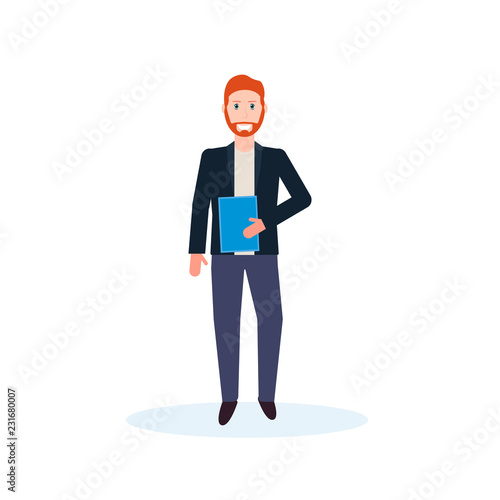 businessman holding folder standing pose happy man office worker male cartoon character full length isolated flat vector illustration
