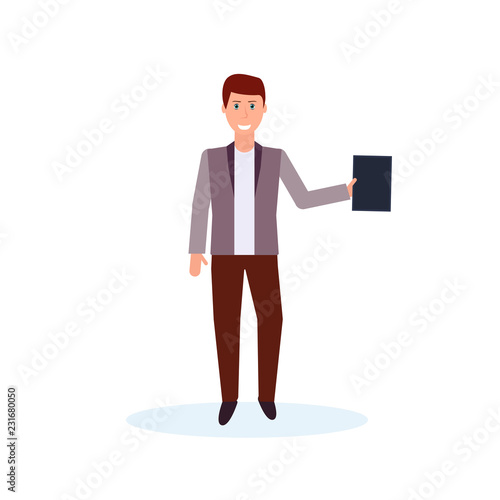 businessman holding folder standing pose happy man office worker male cartoon character full length isolated flat vector illustration