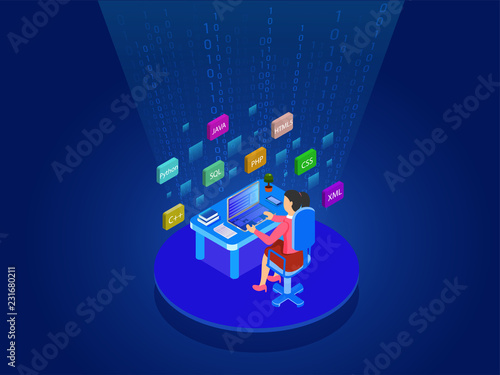 Isometric illustration of analyst or developer searching the problem on laptop, different programing languages for Web Developing concept.