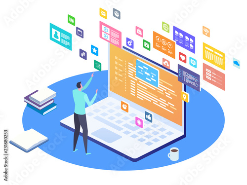 Developing programming and coding technologies concept. Isometric programmer