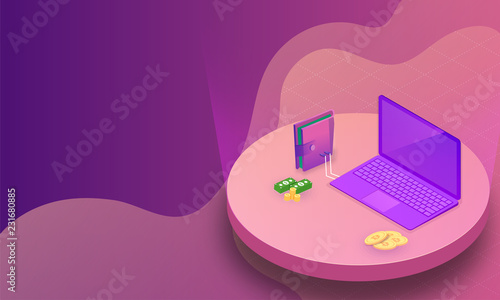 Isometric laptop connected with wallet and stack of coins on abstract background for Virtual To Real Money Exchange concept.