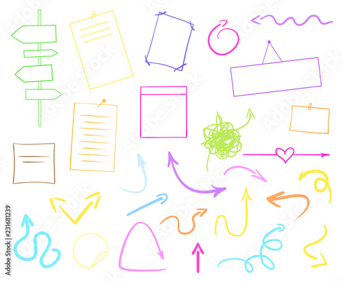 Infographic tables on isolated background. Collection of desks on white. Arrows for design. Hand drawn simple signs
