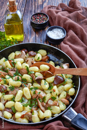 Potato gnocchi with mushrooms, top view