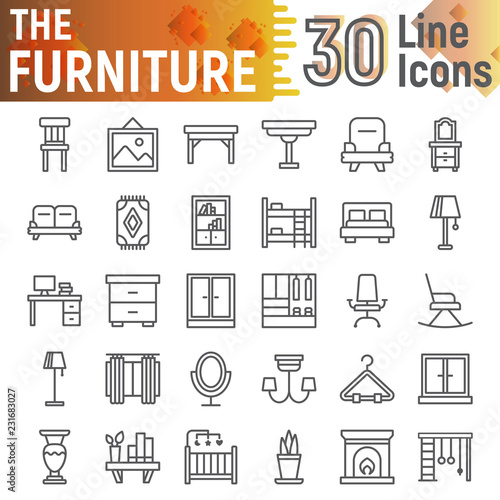 Furniture line icon set, interior symbols collection, vector sketches, logo illustrations, household signs linear pictograms package isolated on white background.