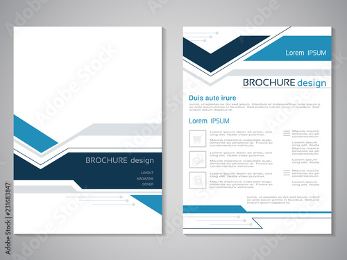 Vector modern brochure. Design of annual report, abstract flyer with technology background. Layout template. Poster of dark blue, blue, grey and white color. Magazine cover.